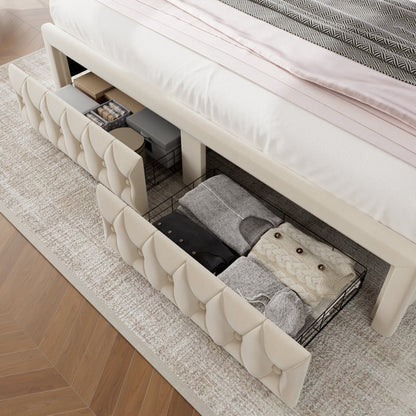 Kaliya Queen Velvet Upholstered Platform Bed: Wingback Headboard with LED Lighting & 2 Storage Drawers, Solid Wood Frame king White