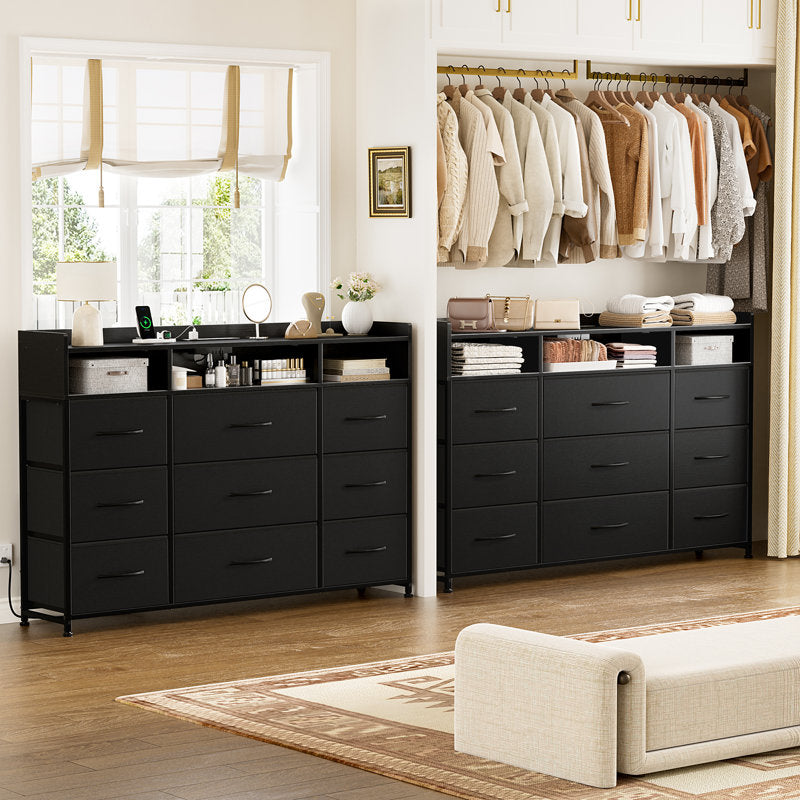 Cheo 9 - Drawer Dresser With 2-Tier Open Shelf, Dresser With Power Outlet & Led, 43"W Dresser For Bedroom (BLACK )