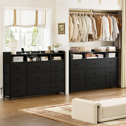 Cheo 9 - Drawer Dresser With 2-Tier Open Shelf, Dresser With Power Outlet & Led, 43"W Dresser For Bedroom (BLACK )