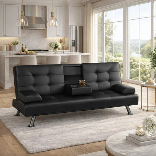 66-inch Convertible Sofa Bed with Click-Clack Cup Holder, Compact Polyurethane Leather Futon for Small Spaces