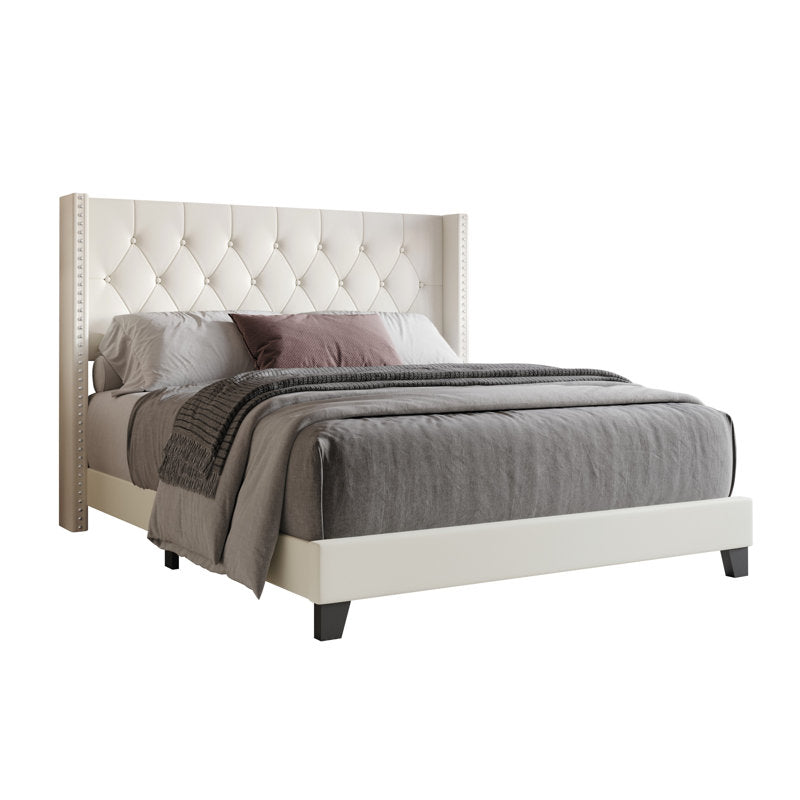 Elison Platform Bed with Fabric Upholstered Headboard and Wooden Slats BEIGE (Twin)