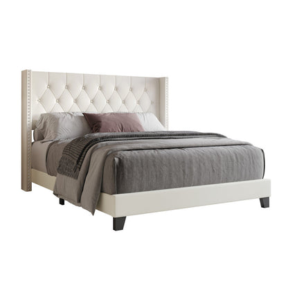 Elison Platform Bed with Fabric Upholstered Headboard and Wooden Slats BEIGE (Twin)
