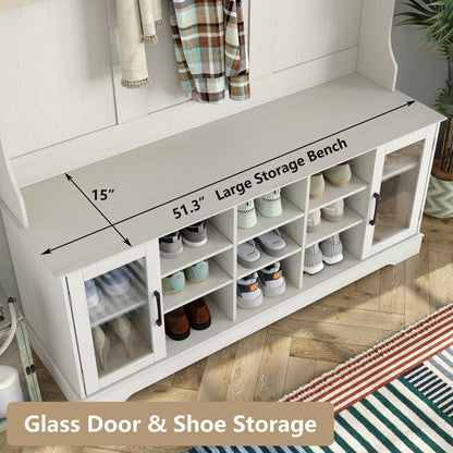 Jaxsin Hall Tree 51.3" Wide with Bench and Shoe Storage,4-in-1 Design Coat Rack for Entryway. White