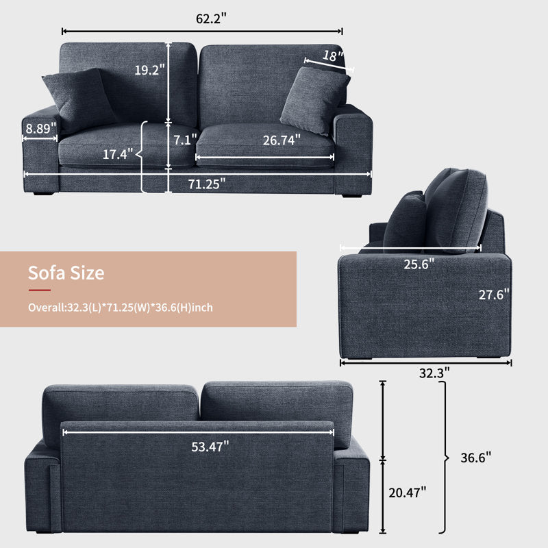 Karlita 71.5"" Chenille Sofa Square Arms Sofa Modern Style Loveseat With 2 Toss Pillows