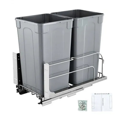 Double 27QTx2 Pullout Waste Container Under Cabinet Kitchen Bin Trash Can
