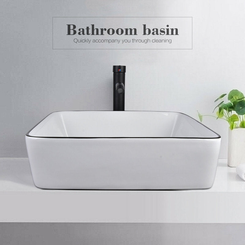 Modern White Ceramic Rectangular Basin Vessel Sink with Faucet