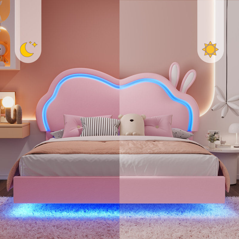 Zoomie Kids Floating Full Bed Frame with Adjustable LED Headboard and Leather Upholstered, Pink ( Full Size )