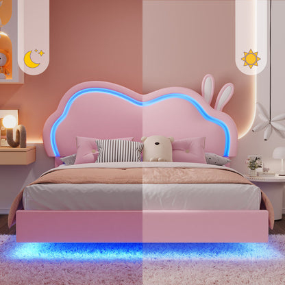 Zoomie Kids Floating Full Bed Frame with Adjustable LED Headboard and Leather Upholstered, Pink ( Full Size )