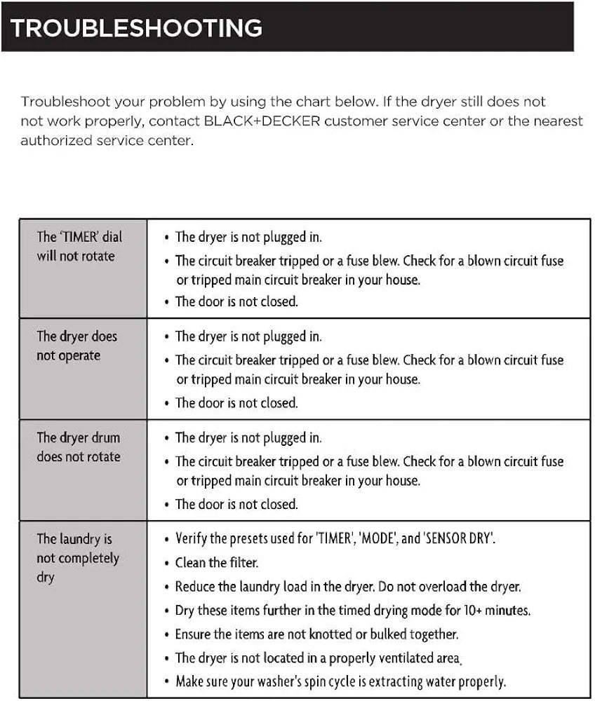 Black+Decker Compact Dryer for Standard Wall Outlet, Small, 4 Modes, Load Volume 13.2 lbs