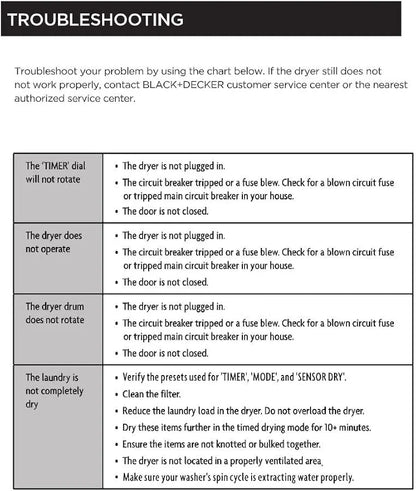 Black+Decker Compact Dryer for Standard Wall Outlet, Small, 4 Modes, Load Volume 13.2 lbs