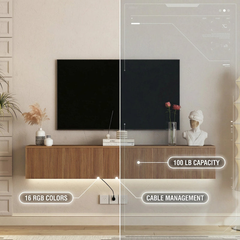 Elegant 69" Floating Black TV Stand with 16-Color LED Lights - Modern Wall-Mounted Audio-Video Unit for 55" to 65" TVs