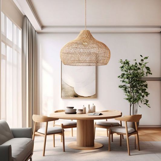 Hand-woven rattan lampshade hanging lamp Anjanie with 1 natural light or wired light fixture for Japanese Boho style dining room, kitchen or bedroom