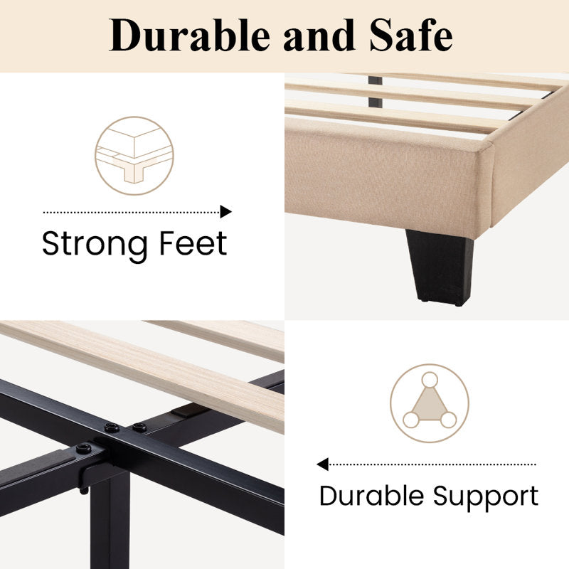 Lit plateforme Elison avec tête de lit rembourrée en tissu et sommier à lattes en bois, beige, taille King