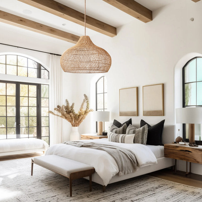 Hand-woven rattan lampshade hanging lamp Anjanie with 1 natural light or wired light fixture for Japanese Boho style dining room, kitchen or bedroom