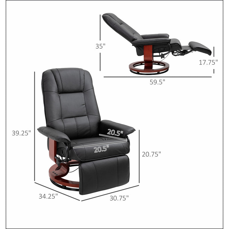 Faux Leather Manual Recliner, Adjustable Swivel Lounge Chair With Footrest, Armrest And Wrapped Wood Base For Living Room