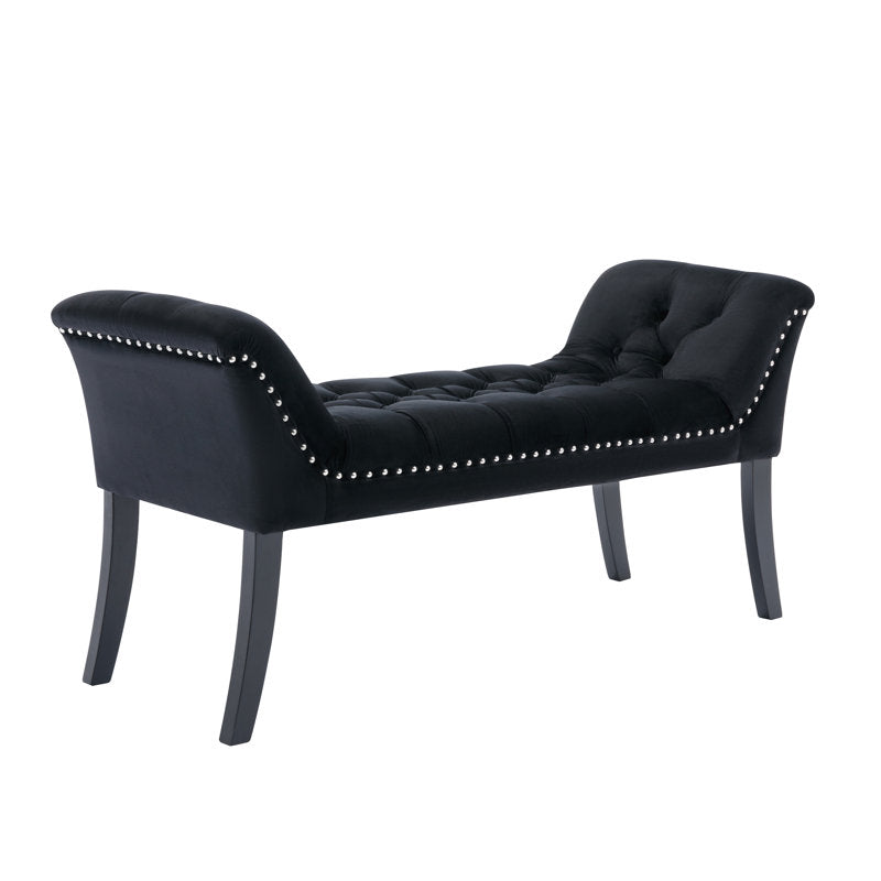 Tufted Black Velvet Bench with Rubberwood Legs