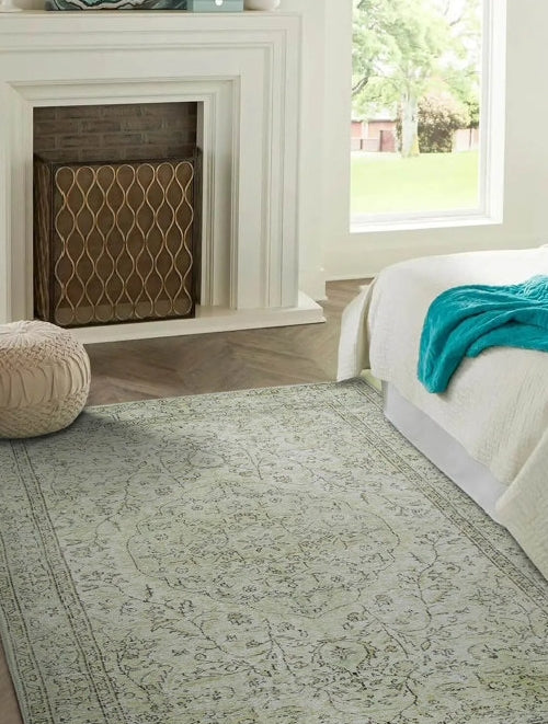Folk Distressed Patterned Woven Base Decorative Green Rug 10x10 square