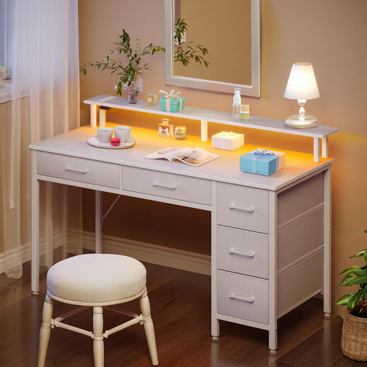 Bureau d'ordinateur Linze avec étagère pour écran, éclairage LED RGB, ports USB et tiroirs (blanc)