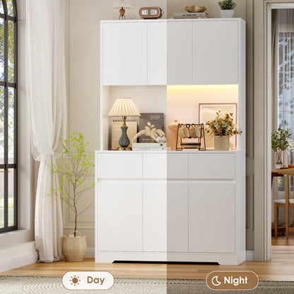 Aybike 71" Tall Kitchen Pantry Cabinet with Charge Station & LED Light, Freestanding Food Pantry with 4 Cabinets, 3 Drawers & Microwave Shelf, Kitchen Hutch Storage, Adjustable Shelves