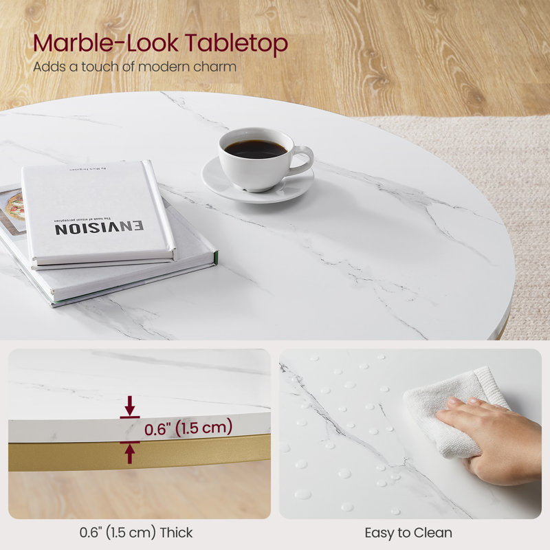 Table basse ronde Rotherham avec rangement, plateau en marbre noir et dessous en verre (or et blanc)