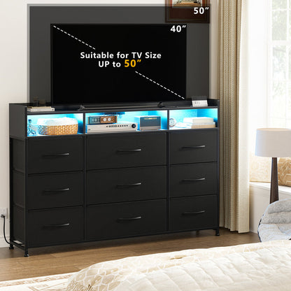 Cheo 9 - Drawer Dresser With 2-Tier Open Shelf, Dresser With Power Outlet & Led, 43"W Dresser For Bedroom (BLACK )