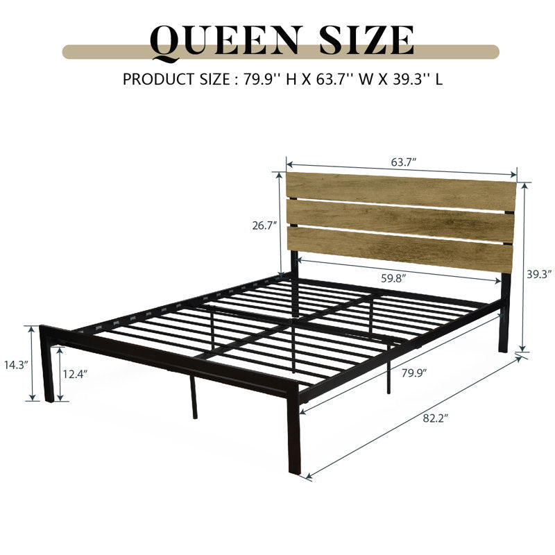 Paloma Metal Platform Bed Frame with Wooden Headboard, No Box Spring Needed Queen Dark Brown