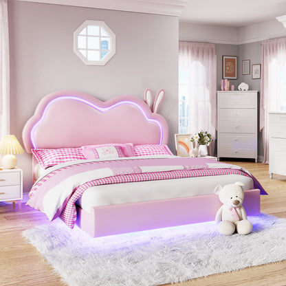 Zoomie Kids Floating Full Bed Frame with Adjustable LED Headboard and Leather Upholstered, Pink ( Full Size )