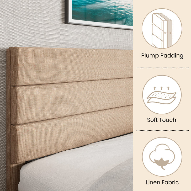 Lit plateforme Elison avec tête de lit rembourrée en tissu et sommier à lattes en bois, beige, taille King