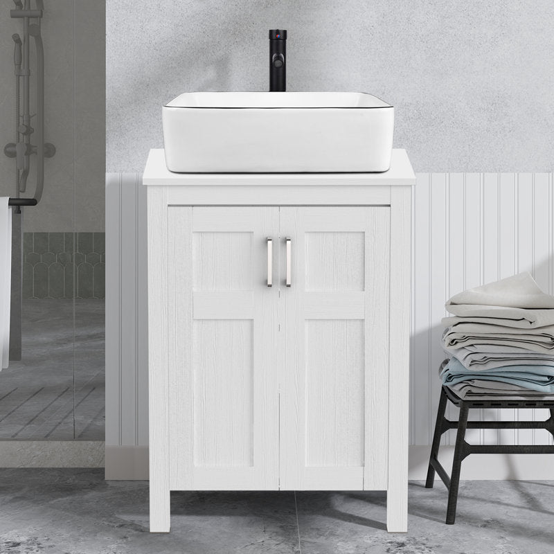 Modern White Ceramic Rectangular Basin Vessel Sink with Faucet