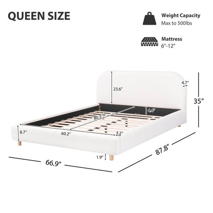 Upholstered Platform Bed with Boucle Fabric,Curve-Shaped Design Headboard, White, Easy Assembly King Size White