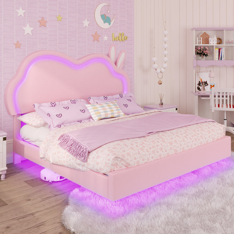 Zoomie Kids Floating Full Bed Frame with Adjustable LED Headboard and Leather Upholstered, Pink ( Full Size )