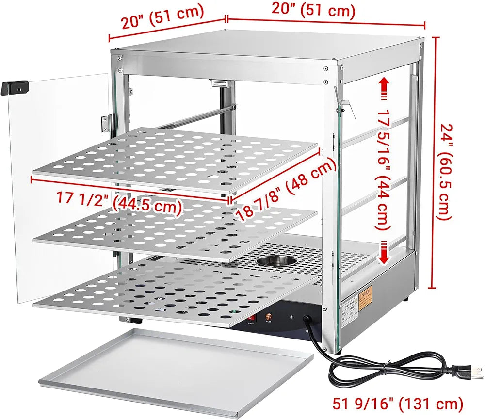 WeChef 20" Commercial Countertop Food 3-Tier Pizza Warmer with LED Adjustable Lighting Food Heater Display Case Stainless Steel for Food Truck Food Tent Fast Food Restaurant