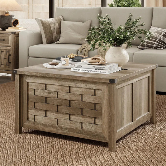 Farmhouse Coffee Table, 31.5" Square Center Table with Large Hidden Storage, Rustic Cocktail Table with Hinged Lift Top for Living Room