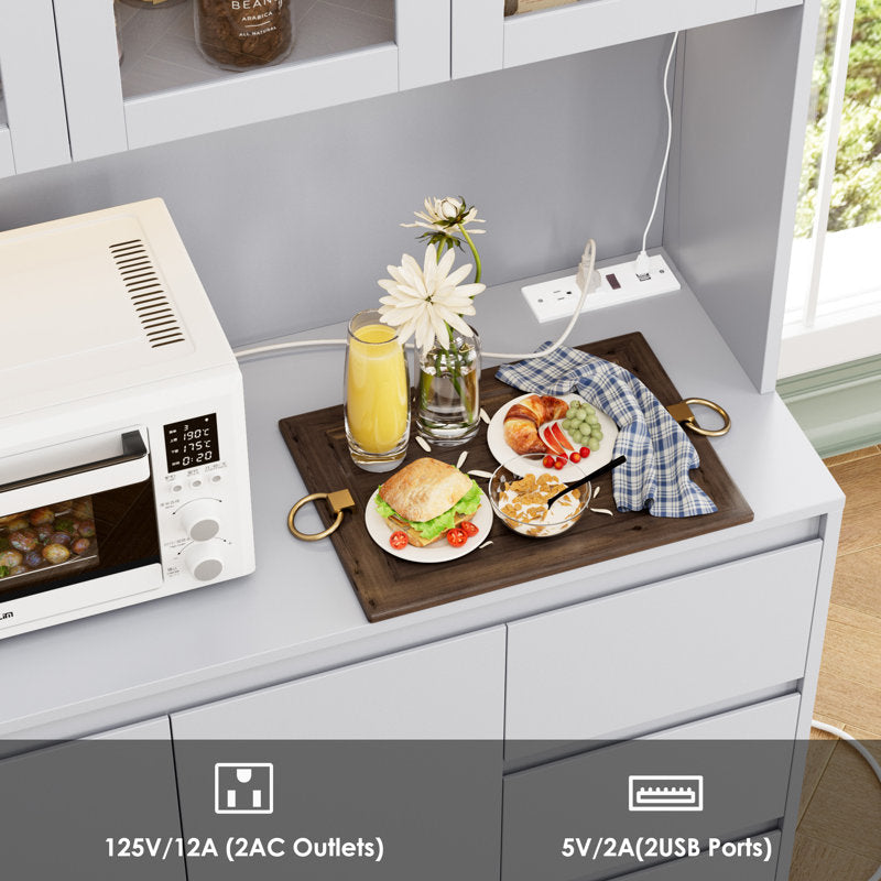 Satavia 70.9'' Kitchen Pantry with LED Lights and Charging Station, Microwave Shelf Grey