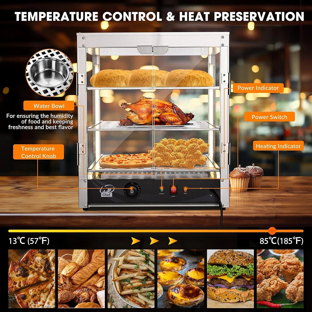 WeChef 20" Commercial Countertop Food 3-Tier Pizza Warmer with LED Adjustable Lighting Food Heater Display Case Stainless Steel for Food Truck Food Tent Fast Food Restaurant