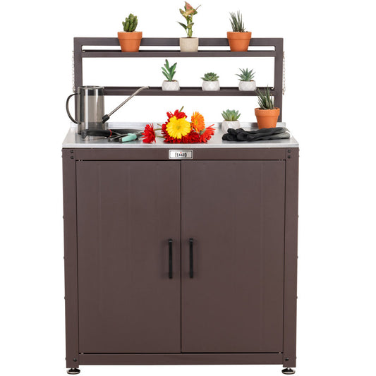 Feasto Garden Potting Bench with Storage Cabinet,Outdoor Gardening Table & Work Bench for Plants, Horticulture,Outdoor Workstation with Stainless Steel Tabletop,Outdoor Work Table with Elevated Rack