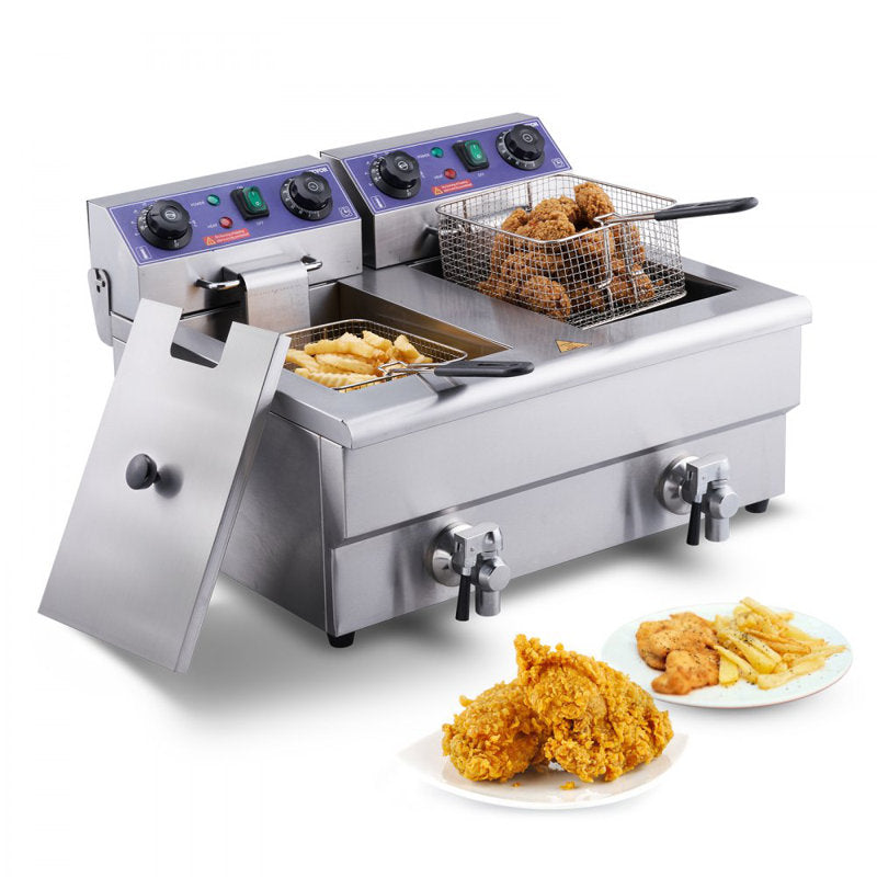 VEVOR 24L Electric Deep Fryer, With Timee And Oil Filtration, Dual Removable Baskets And Lid Included