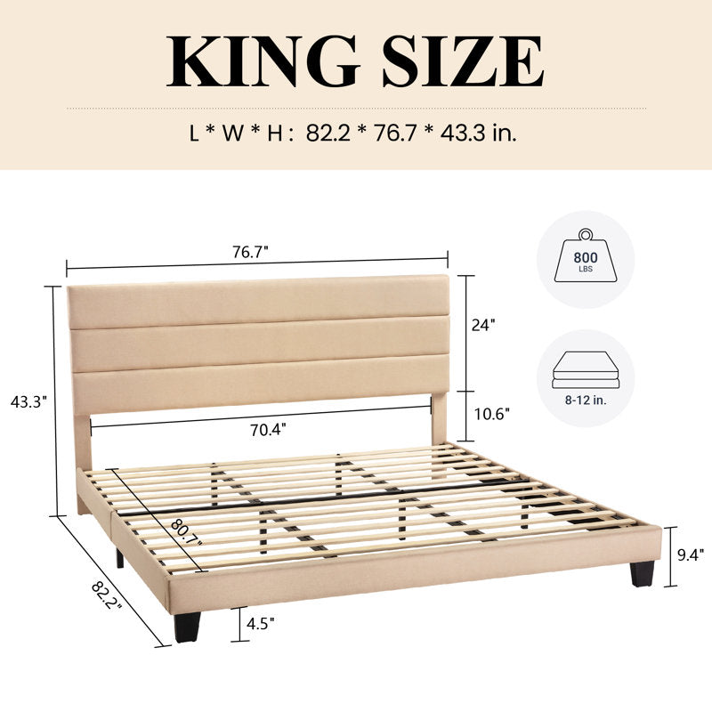 Lit plateforme Elison avec tête de lit rembourrée en tissu et sommier à lattes en bois, beige, taille King