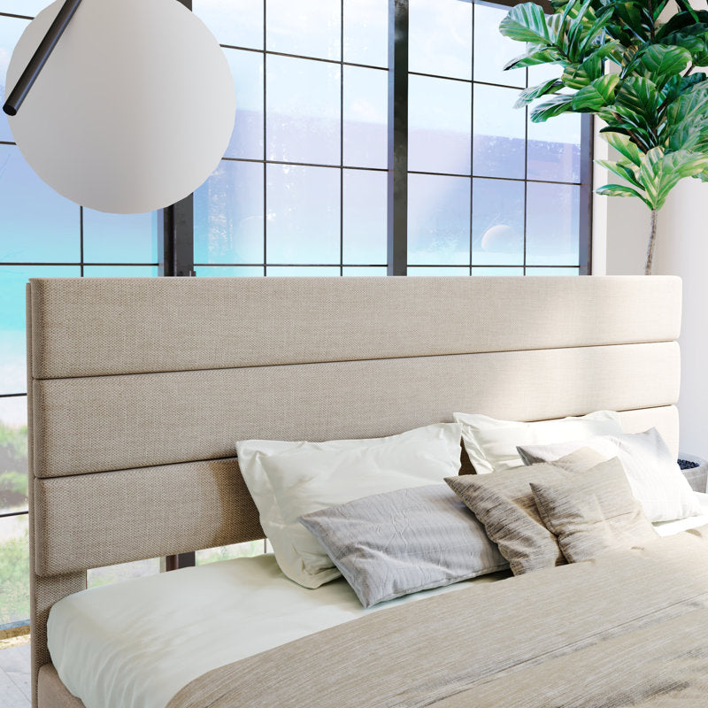 Lit plateforme Elison avec tête de lit rembourrée en tissu et sommier à lattes en bois, beige, taille King