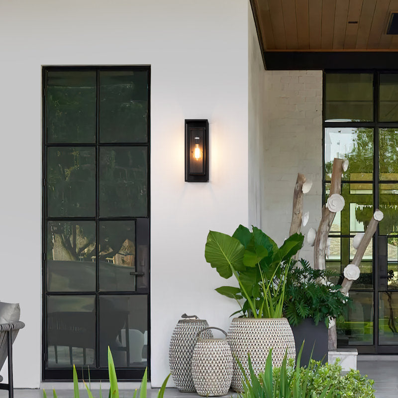 Rasharkin Classic Outdoor Wall Sconce 1 Light Rectangular Metal Frame and Clear Glass Shade Waterproof Matte Black