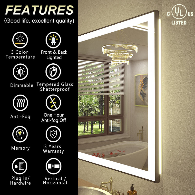 Aevar Space Aluminum Framed Front & Back LED Lighted Anti-fog Tempered Glass Bathroom/ Vanity Mirror 44x36
