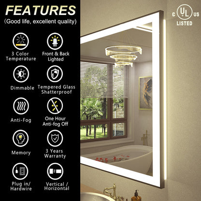 Aevar Space Aluminum Framed Front & Back LED Lighted Anti-fog Tempered Glass Bathroom/ Vanity Mirror 44x36