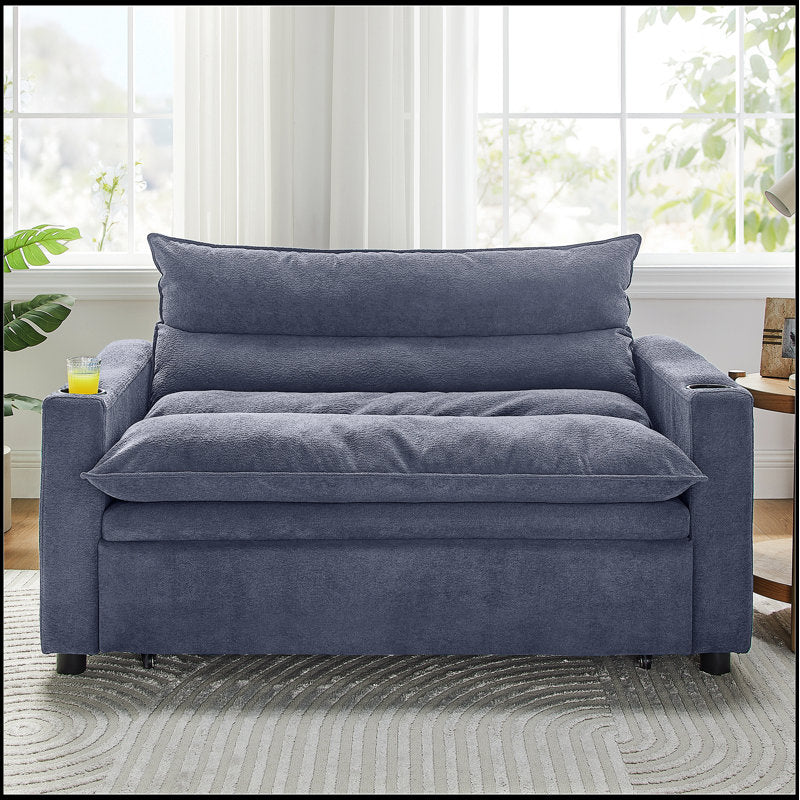 3-In-1 Convertible Single Sleeper Sofa Bed With 3-Level Adjustable Backrest ,Modern Velvet Pull Out Couch With Cup Holders