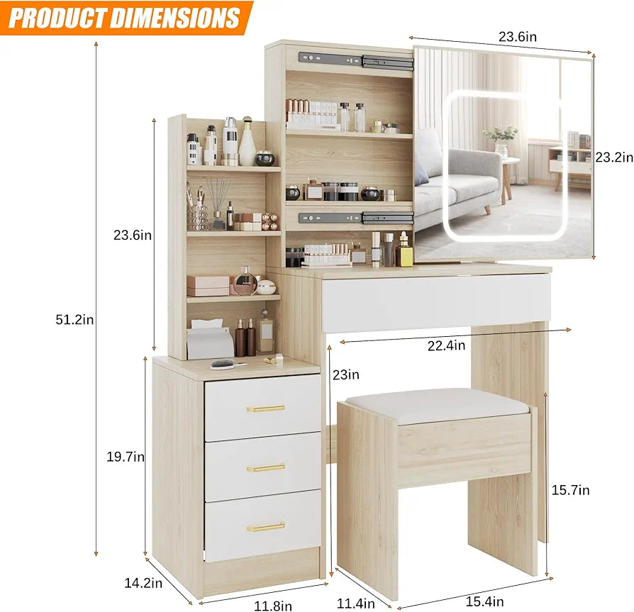 Coiffeuse, coiffeuse de maquillage avec miroir coulissant éclairé et station de recharge (chêne) 