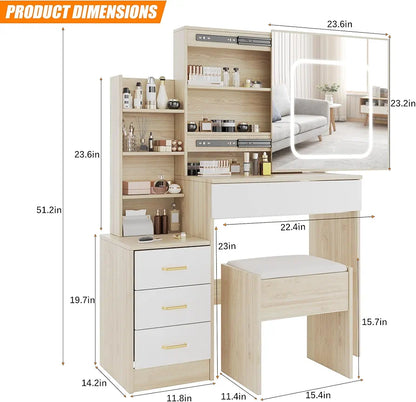 Coiffeuse, coiffeuse de maquillage avec miroir coulissant éclairé et station de recharge (chêne) 