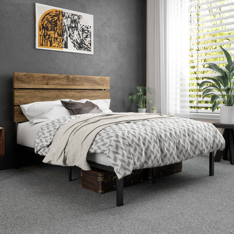 Paloma Metal Platform Bed Frame with Wooden Headboard, No Box Spring Needed Queen Dark Brown