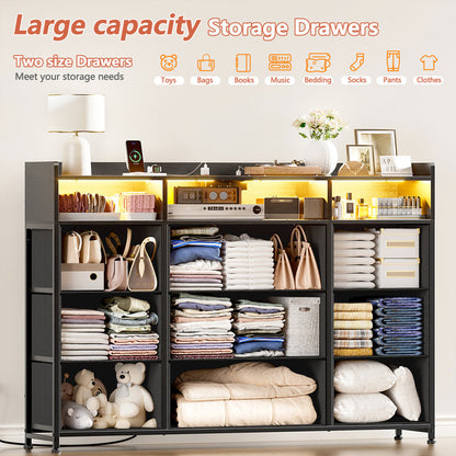 Cheo 9 - Drawer Dresser With 2-Tier Open Shelf, Dresser With Power Outlet & Led, 43"W Dresser For Bedroom (BLACK )