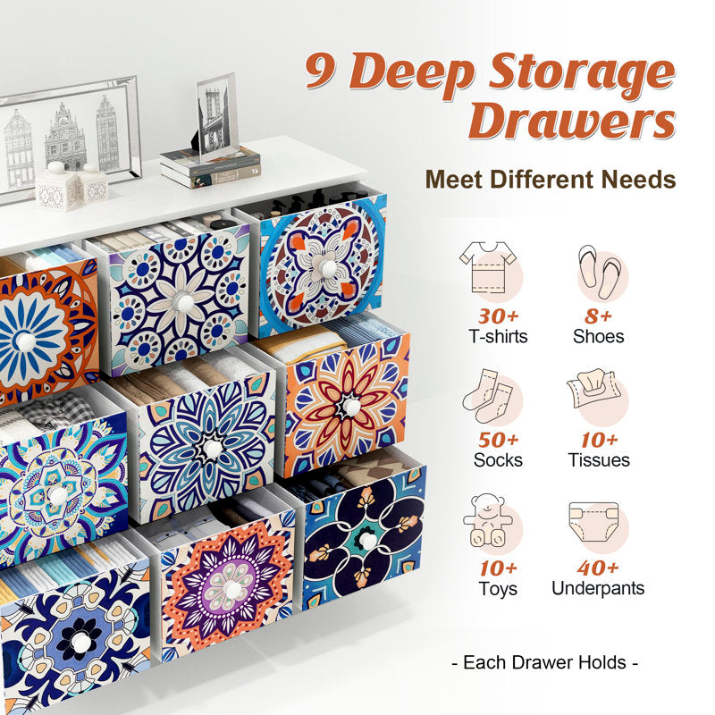 Commode de chambre à coucher, commode haute à 9 tiroirs, meuble de rangement, 100 cm H x 92 cm L x 29,7 cm P, style vintage