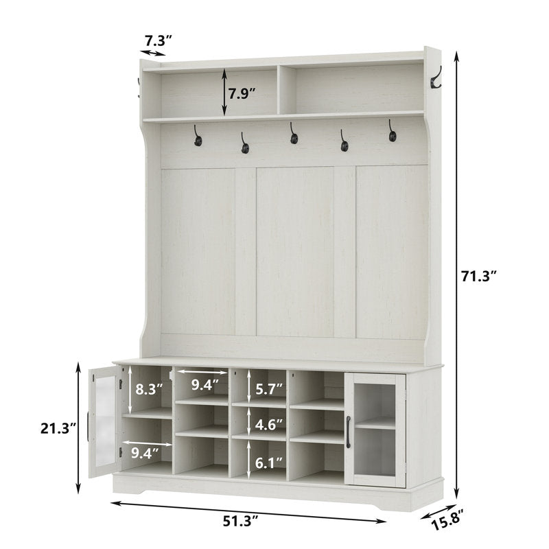 Jaxsin Hall Tree 51.3" Wide with Bench and Shoe Storage,4-in-1 Design Coat Rack for Entryway. White
