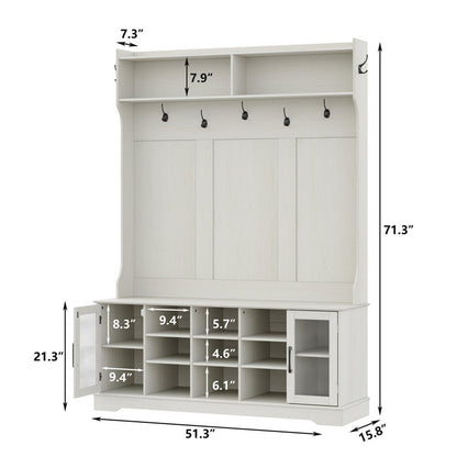 Jaxsin Hall Tree 51.3" Wide with Bench and Shoe Storage,4-in-1 Design Coat Rack for Entryway. White